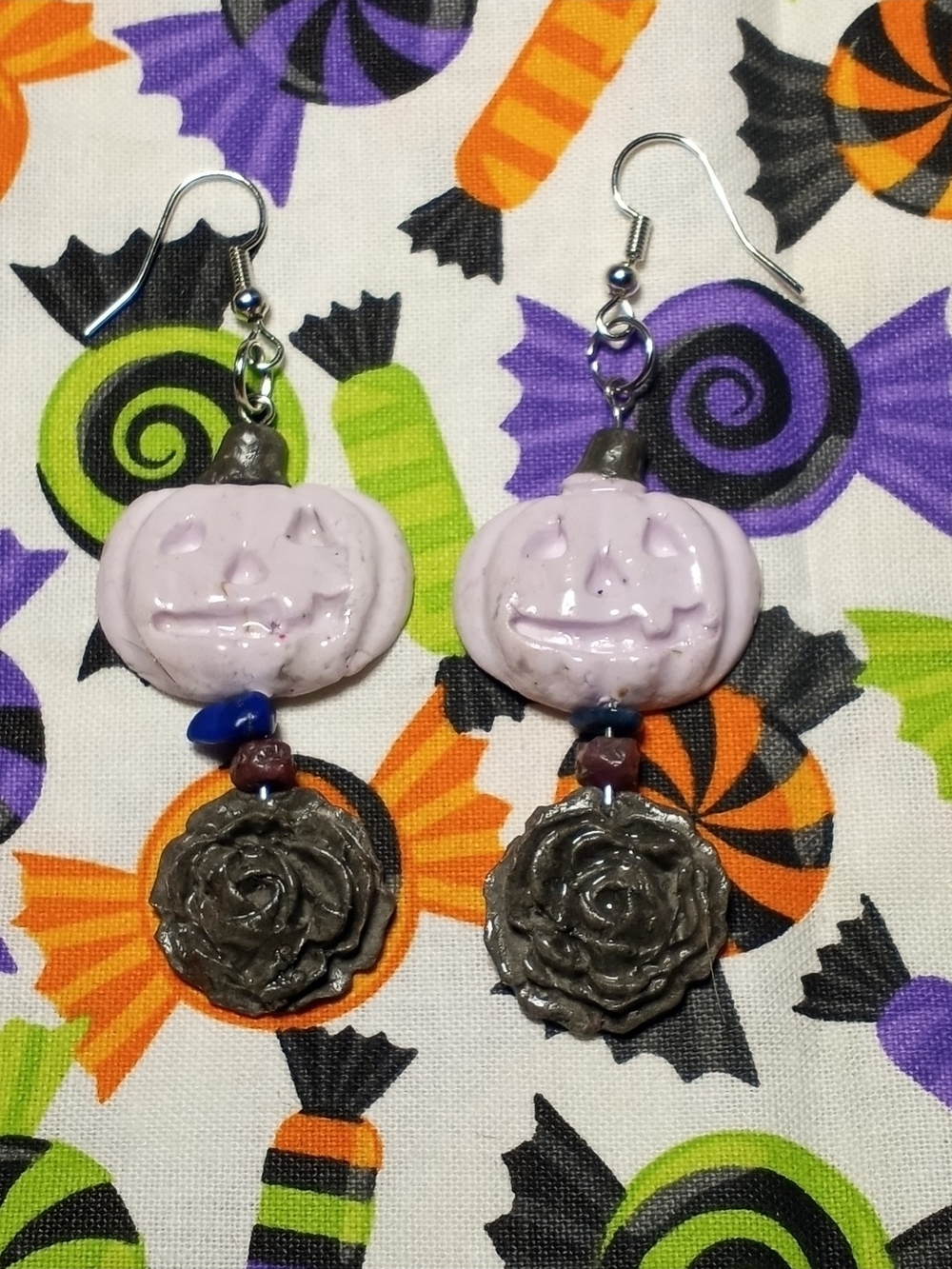 Handmade Lavender Pumpkin & Black Rose Silver Dangled Earrings